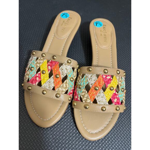 Eric Javits Woven Multicolored Straw & Tan Leather Slip-On Sandals‎ Boho 7.5 N - Picture 4 of 9